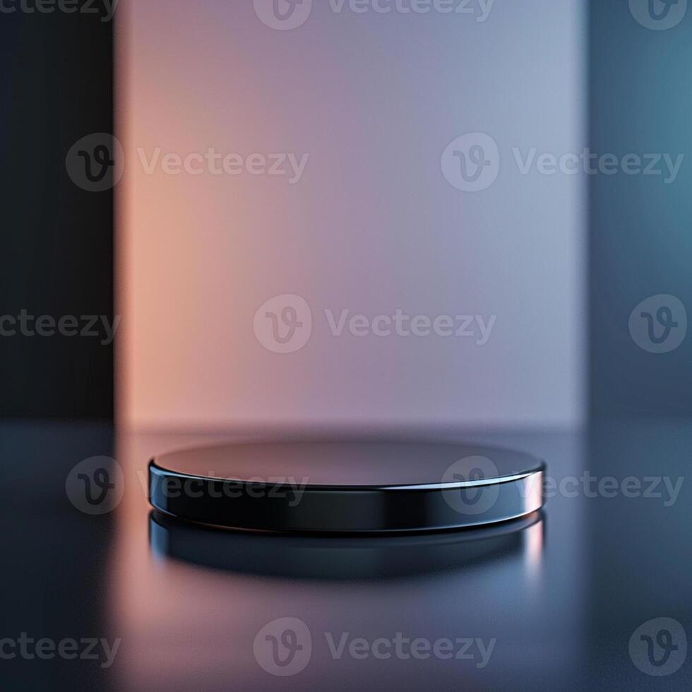 A black object on a table in front of a colorful background photo