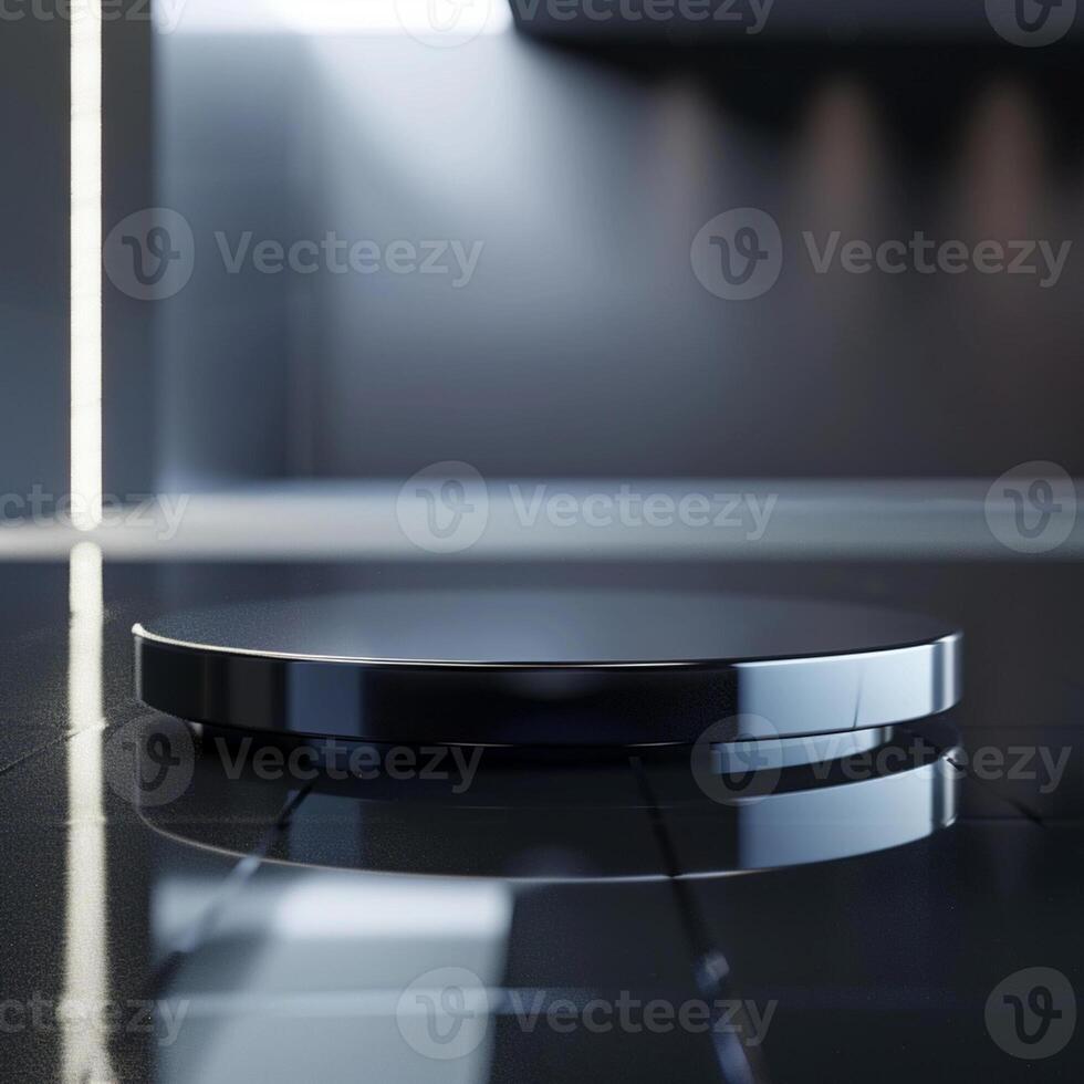 A black circular object on a black floor photo
