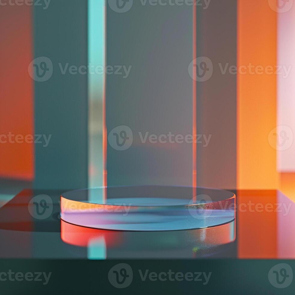 A glass table with a colorful background photo