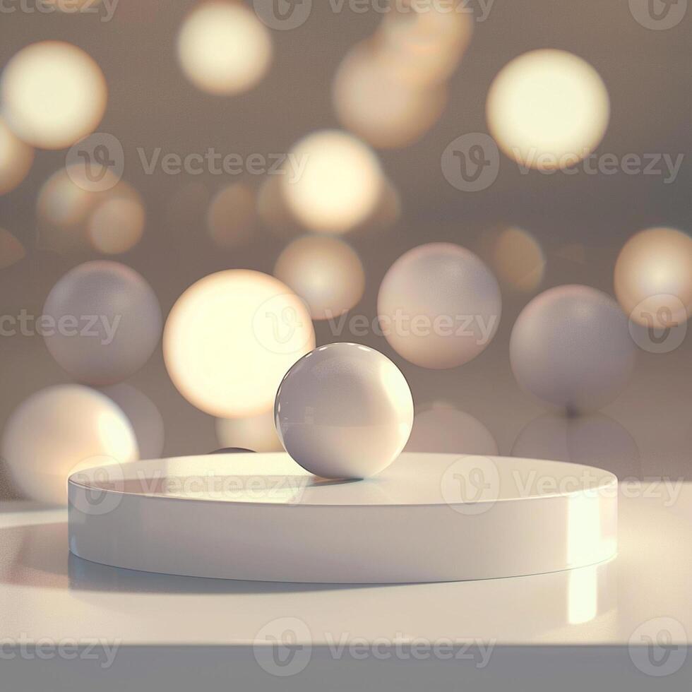 White sphere on a pedestal with bokeh lights photo