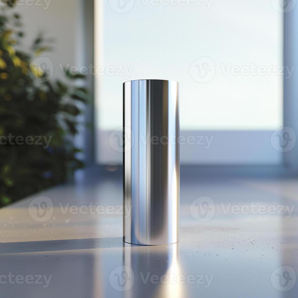 A tall cylinder sitting on a table in front of a window photo