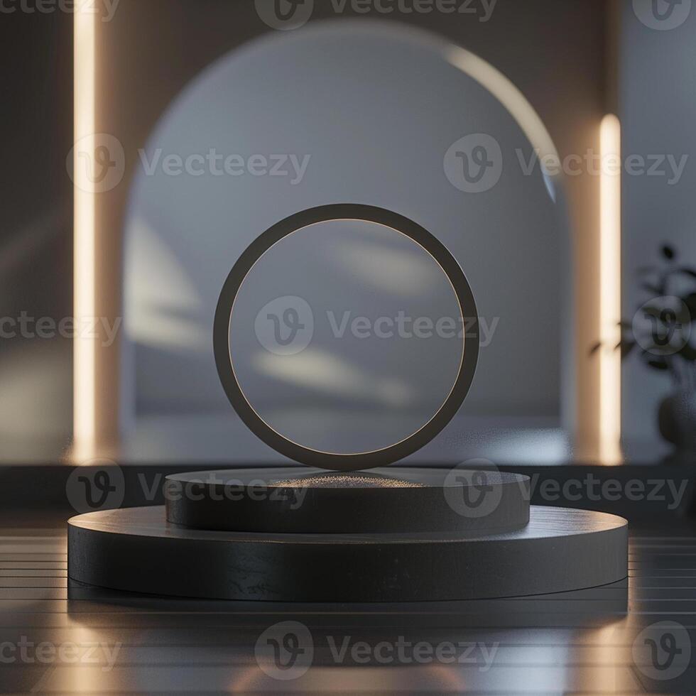 A ring is sitting on a pedestal in a room photo