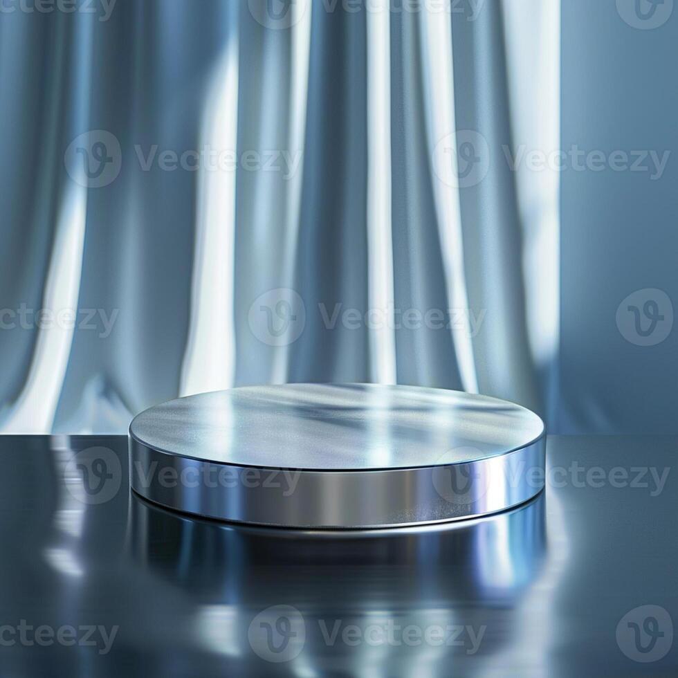 A round metal pedestal on a table with a curtain in the background photo