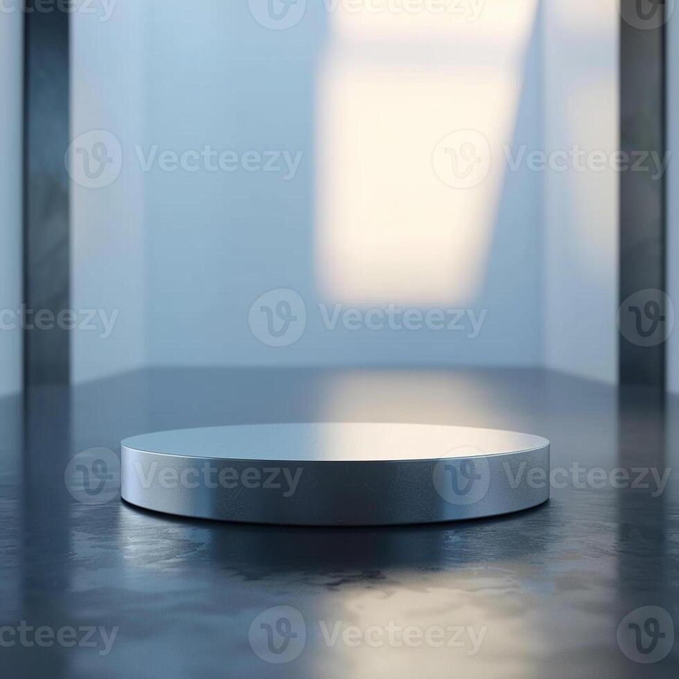 An empty round table in a room with a light shining on it photo