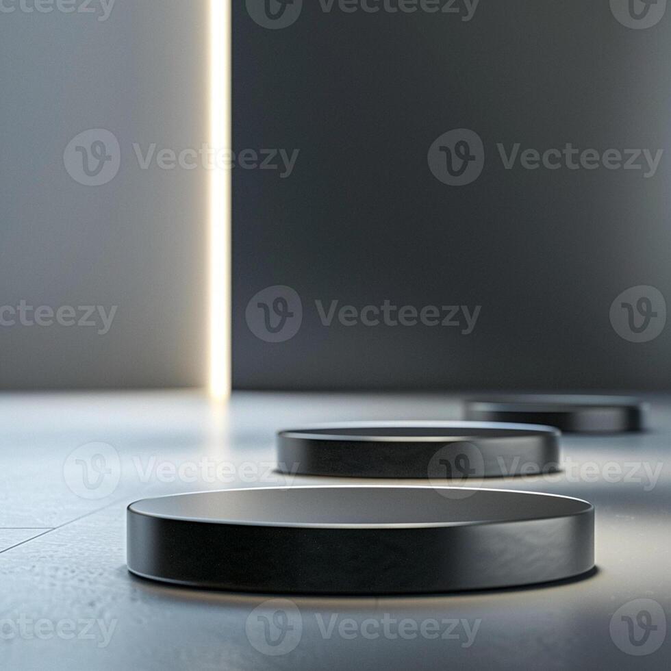 Three black round pedestals in a room with a light photo
