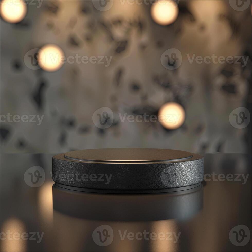 A black round object on a table in front of a wall photo