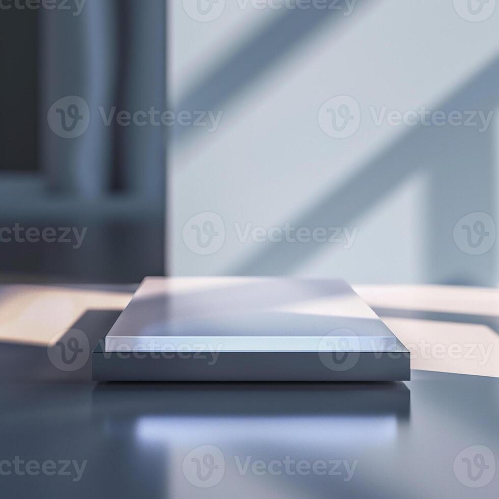 A white box sitting on a table in front of a window photo
