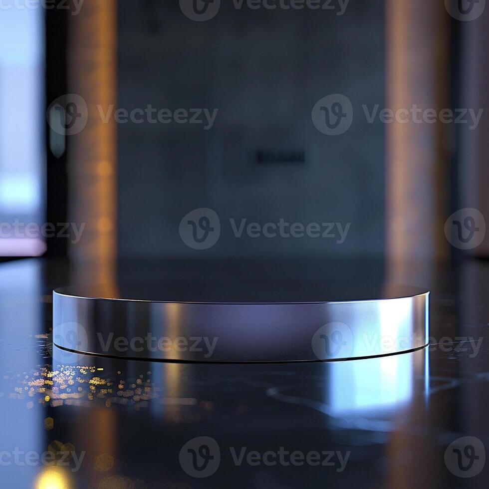 A shiny metal object on a table in a dark room photo