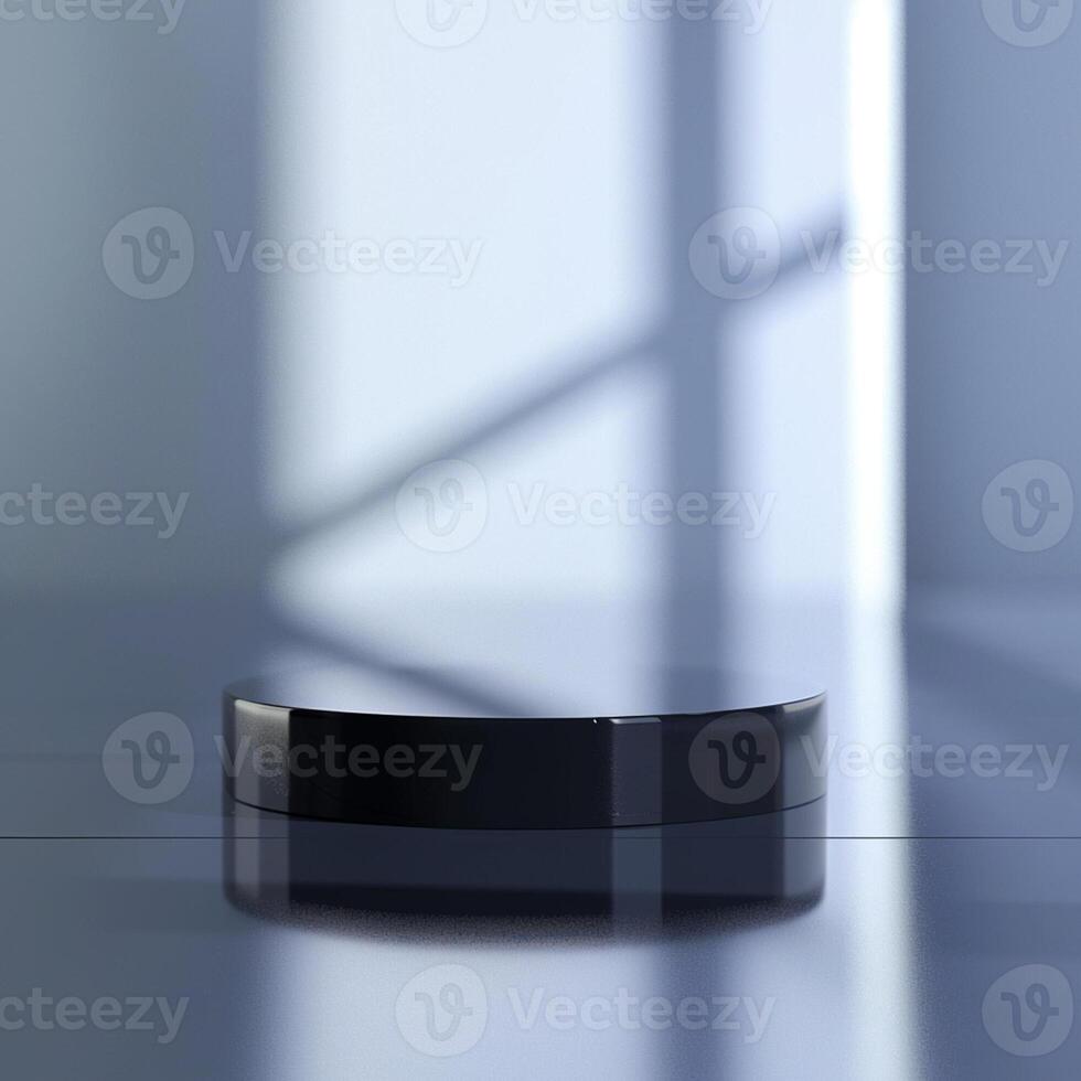 A black ring sitting on a table in front of a window photo