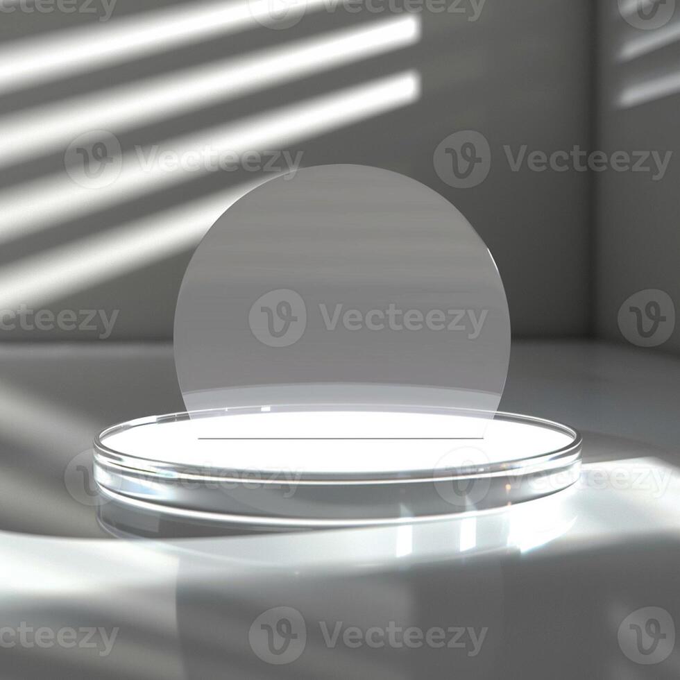 A glass display with a circular object on top photo