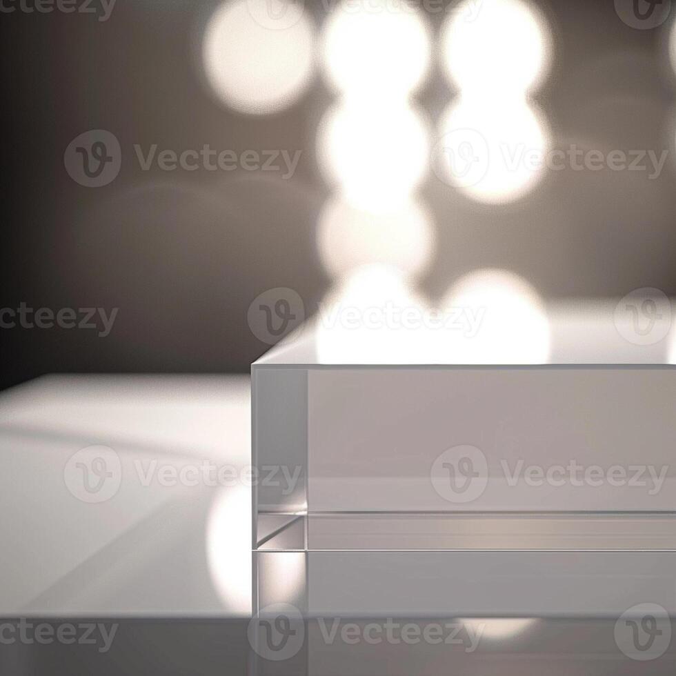 A clear acrylic block on a table with lights photo