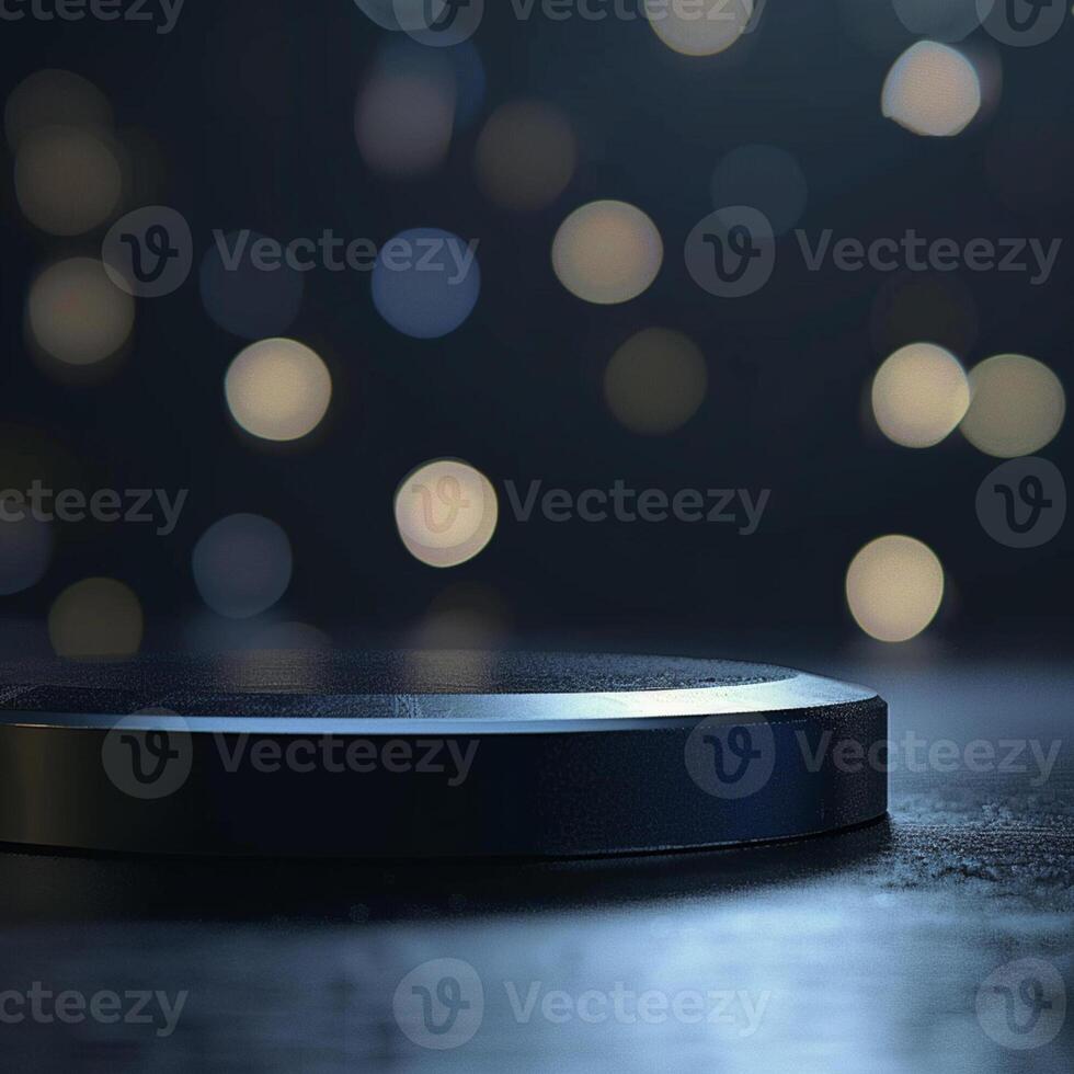 A black object on a table with lights in the background photo