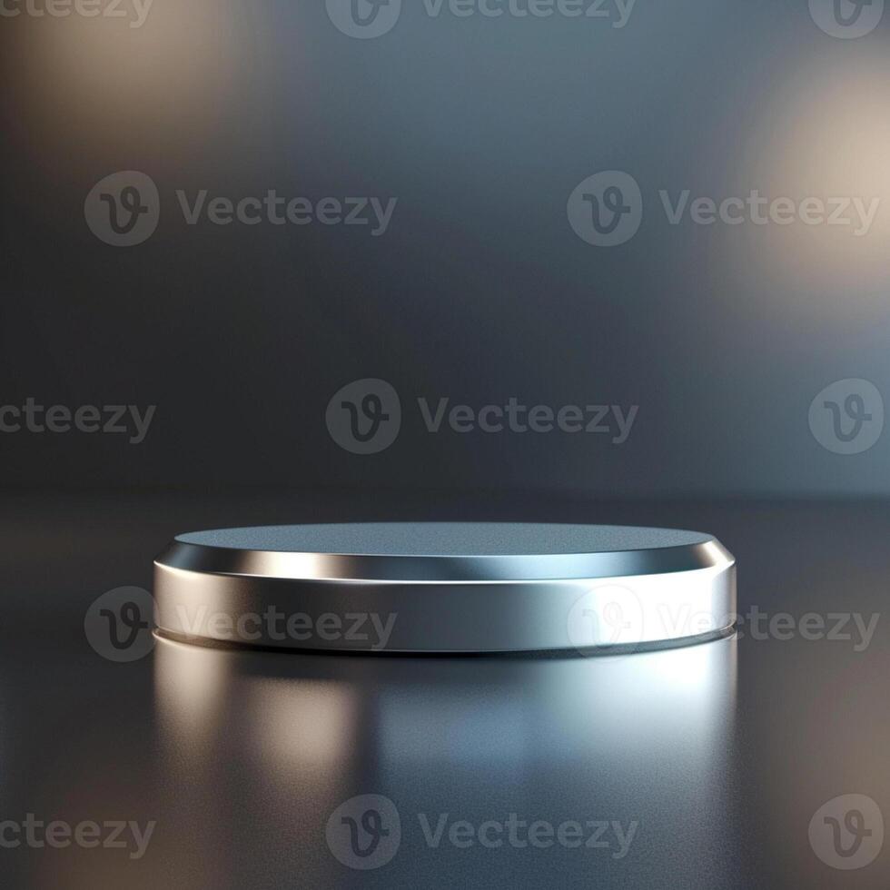 A silver podium on a table with a light photo