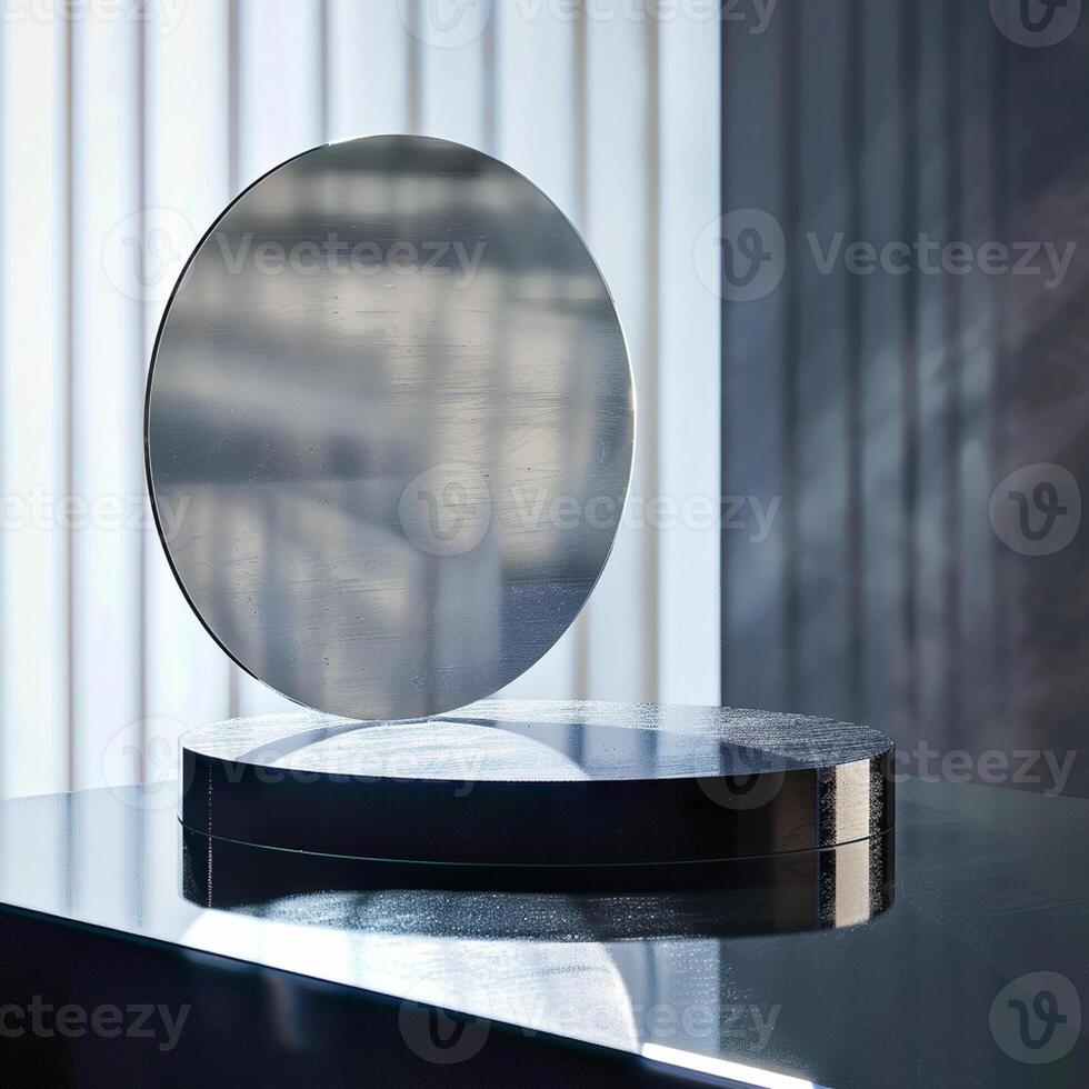 A mirror on a table with a window behind it photo