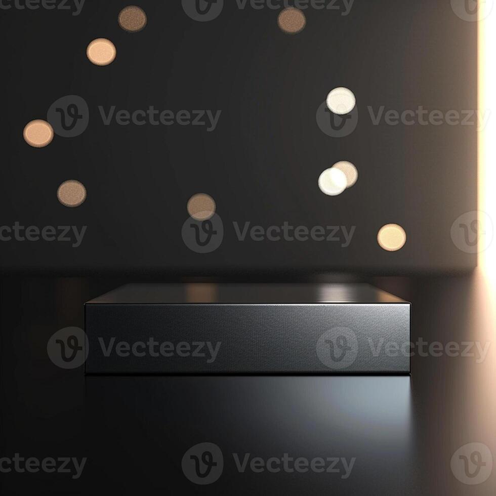 A black box sitting on a table in front of a light photo