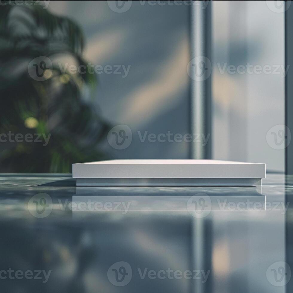 A white box sitting on a table in front of a window photo