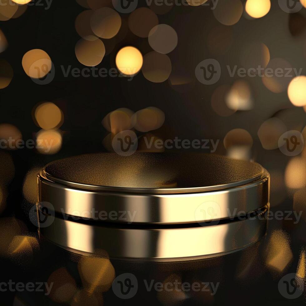 Golden round object on a black background with bokeh lights photo