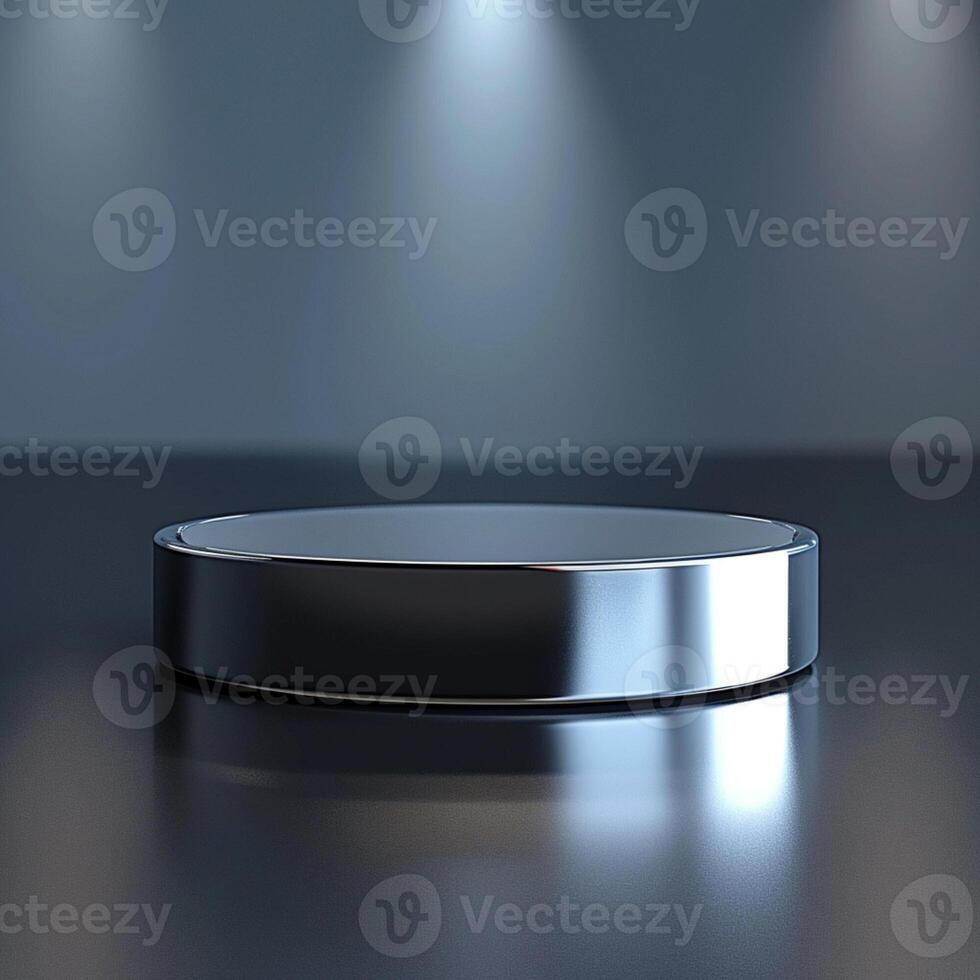 A round metal object on a table in front of a spotlight photo