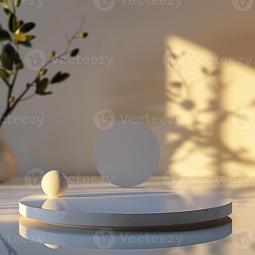 A white table with a vase of flowers and a ball on it photo