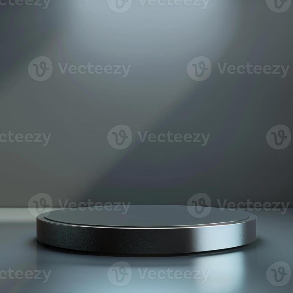 An empty podium on a table in front of a wall photo