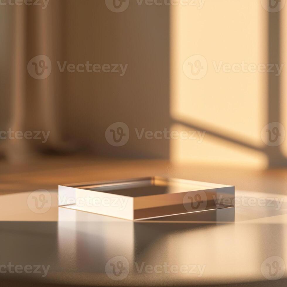A white square on a table in front of a window photo