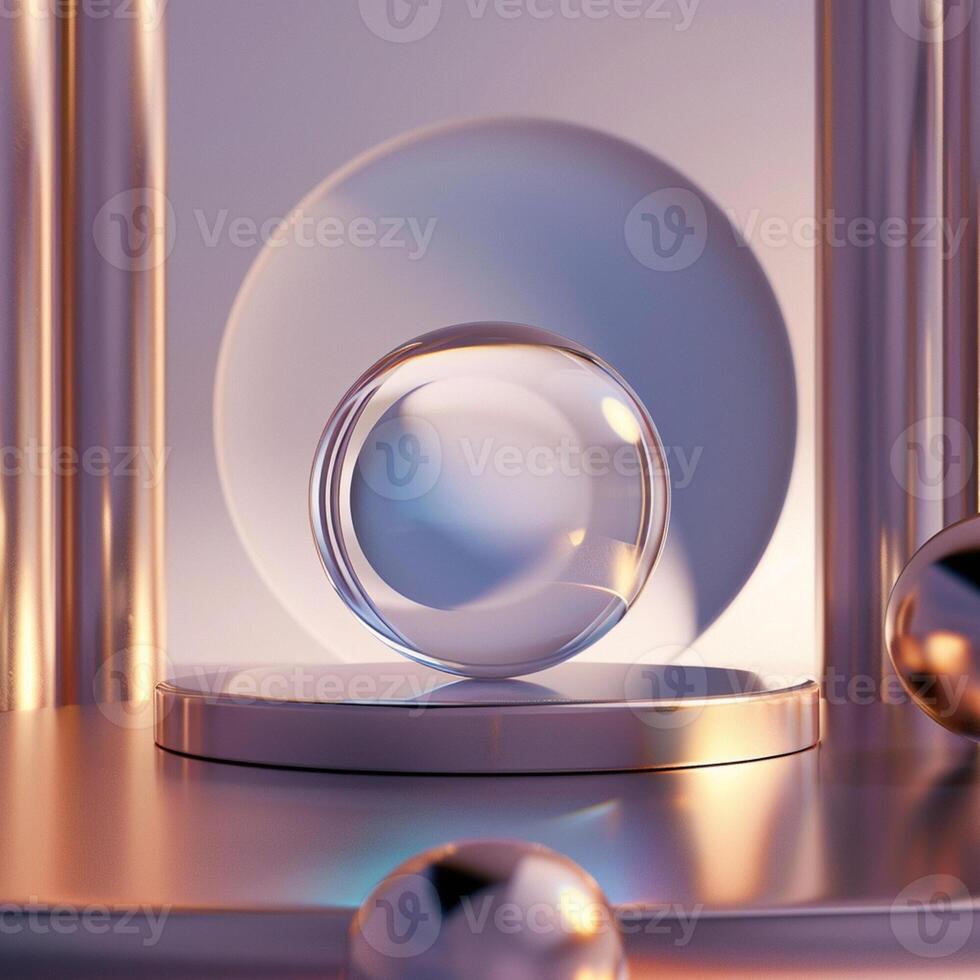A glass sphere on a stand with a silver sphere photo