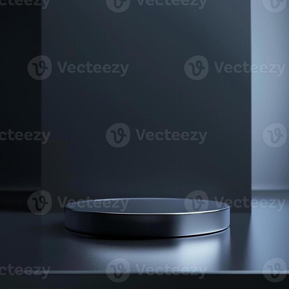A black round object on a table in front of a wall photo