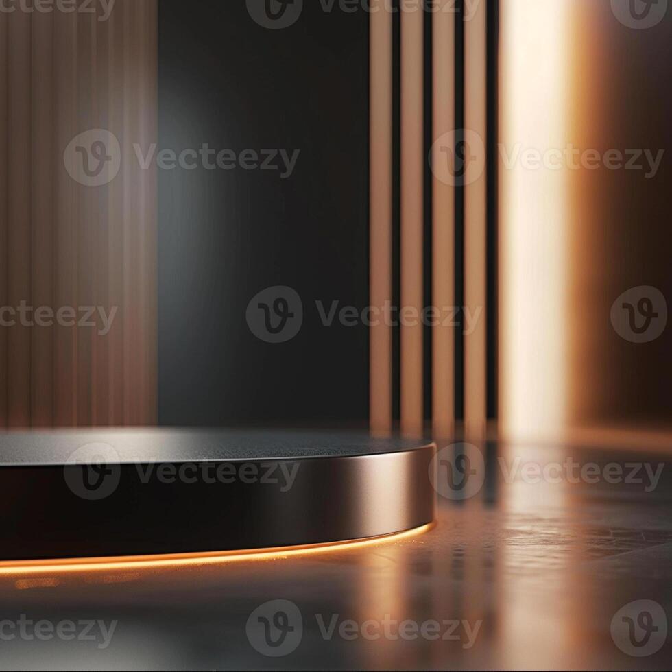 An empty black round table with a light shining on it photo