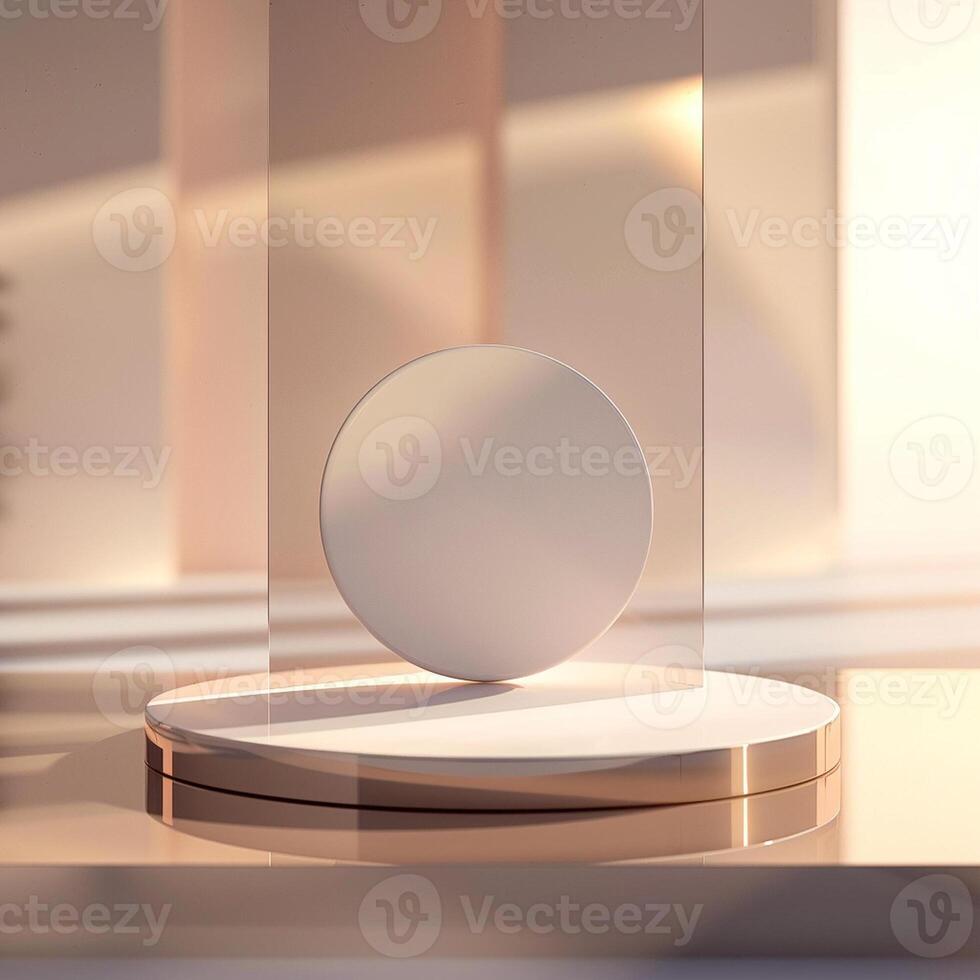 A white sphere on a pedestal in front of a window photo