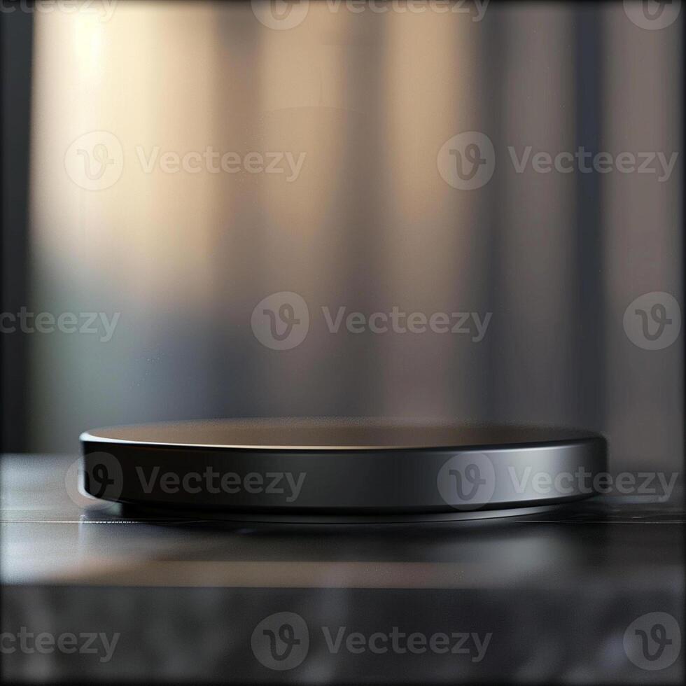 A black circular object sitting on top of a table photo