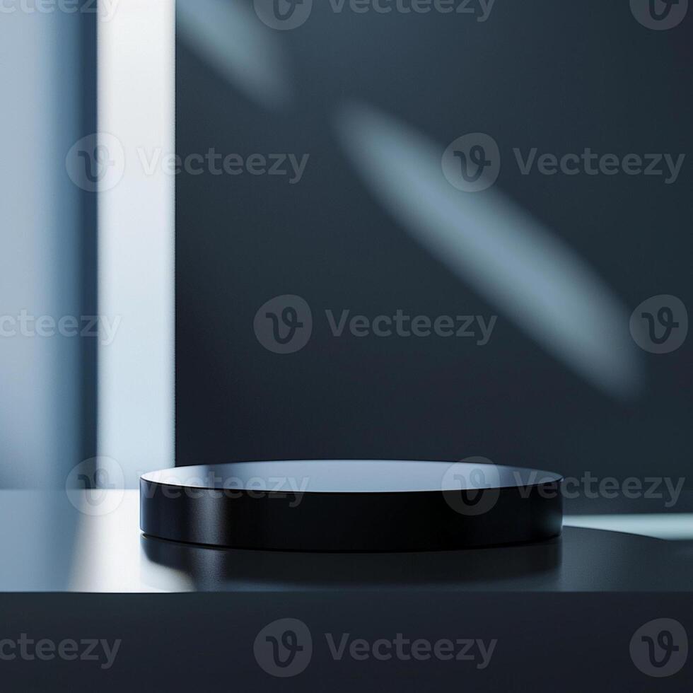 A black round table on a table in front of a window photo