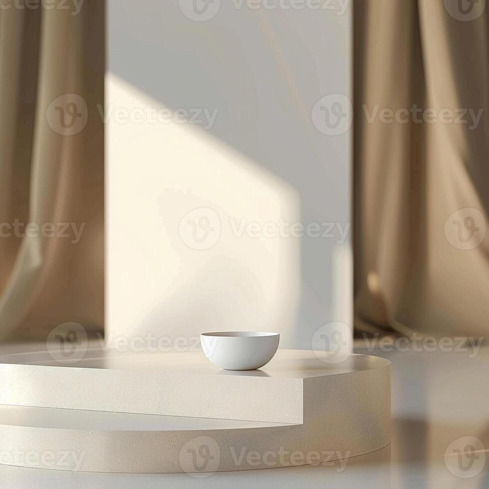 A white bowl on a white table in front of a window photo