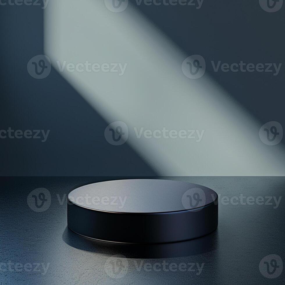 A black round object on a table in front of a wall photo