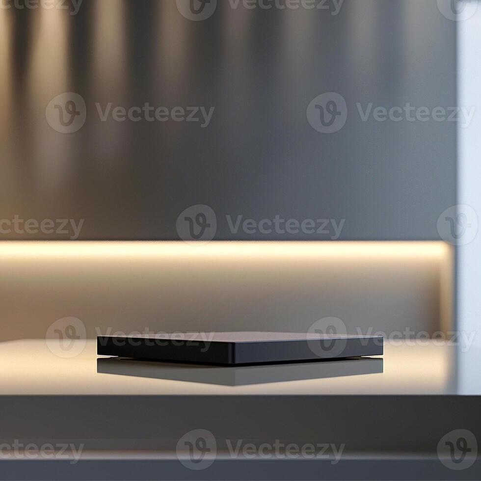 A black box sitting on a table in front of a wall photo