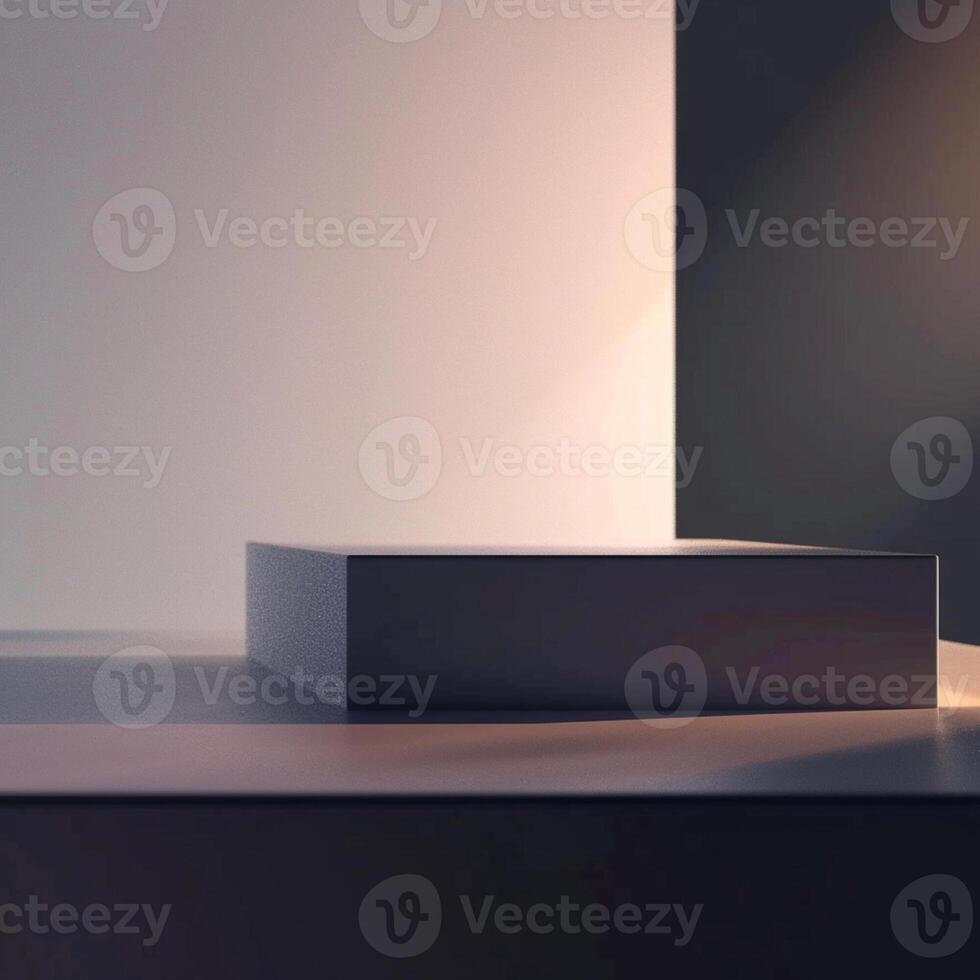 A white box sitting on a table in front of a wall photo