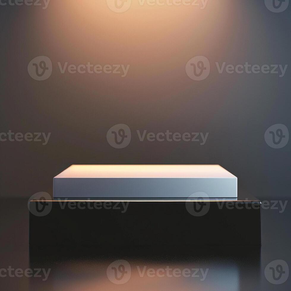 An empty box on a table in front of a spotlight photo