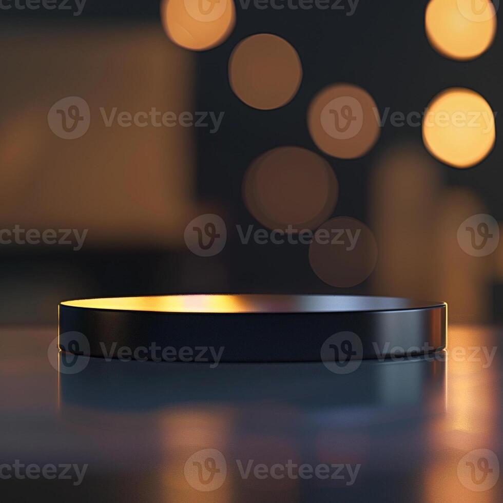 A black object sitting on a table in front of a blurry background photo
