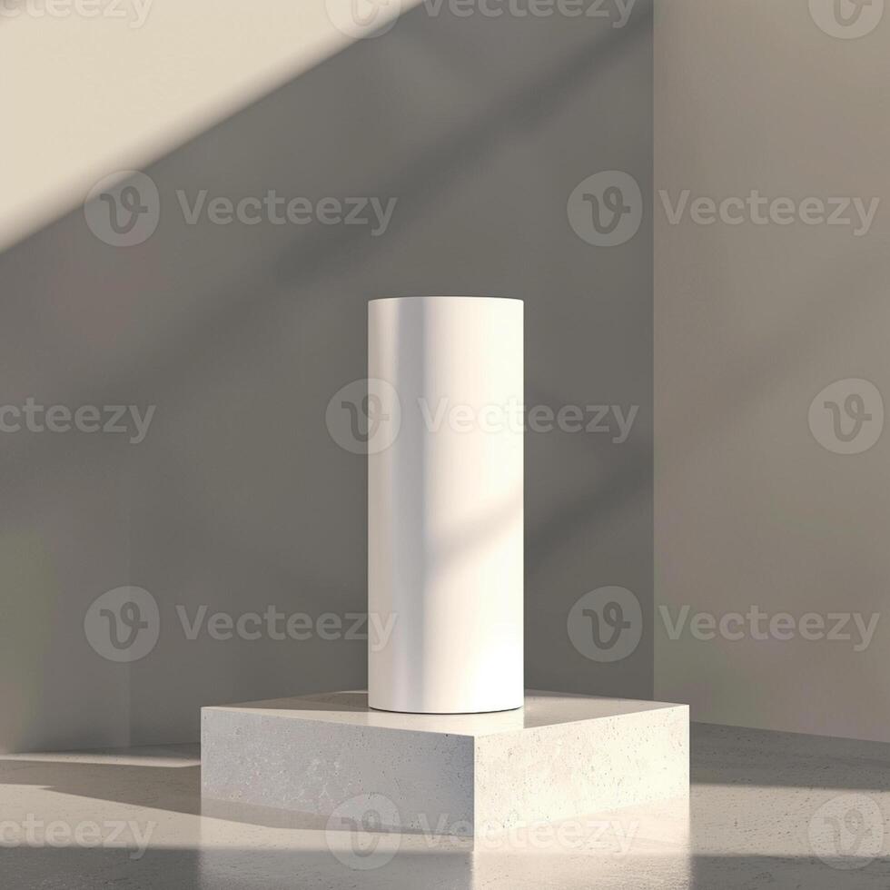 A white cylinder on a pedestal in front of a wall photo