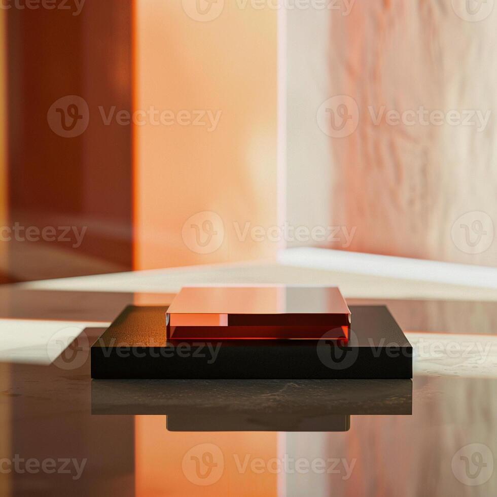 A square object sitting on a table with orange walls photo