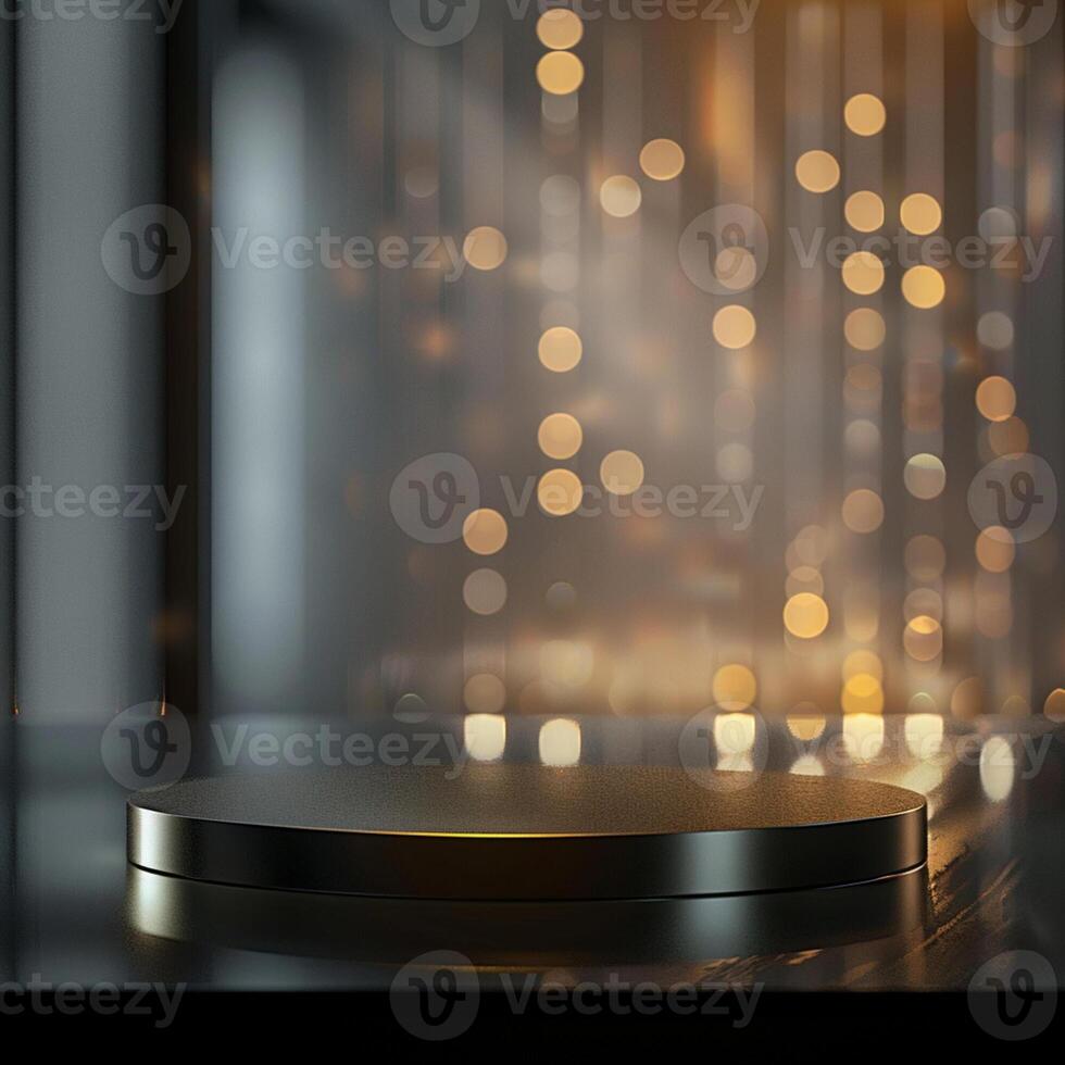 An empty podium on a table with lights in the background photo