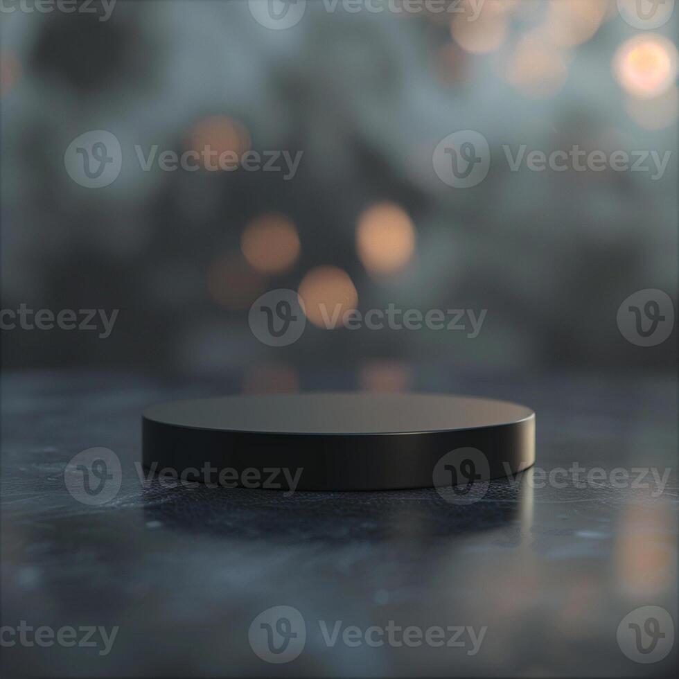 Black round table on a dark background with bokeh photo