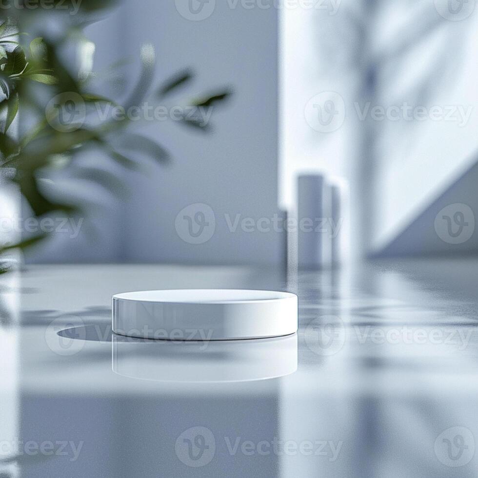 A white object sitting on a table in front of a plant photo