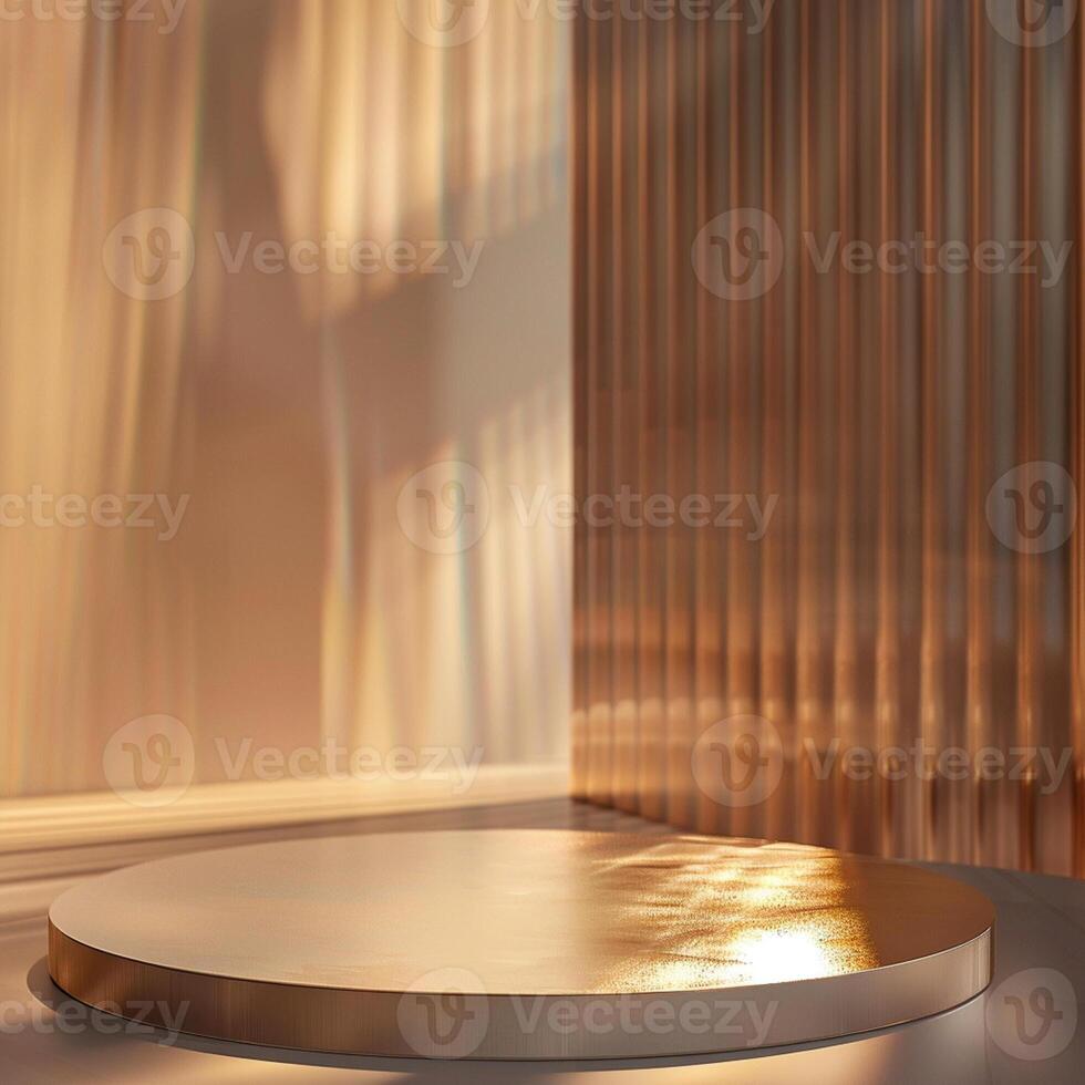 A room with a round table and a wall with a curtain photo