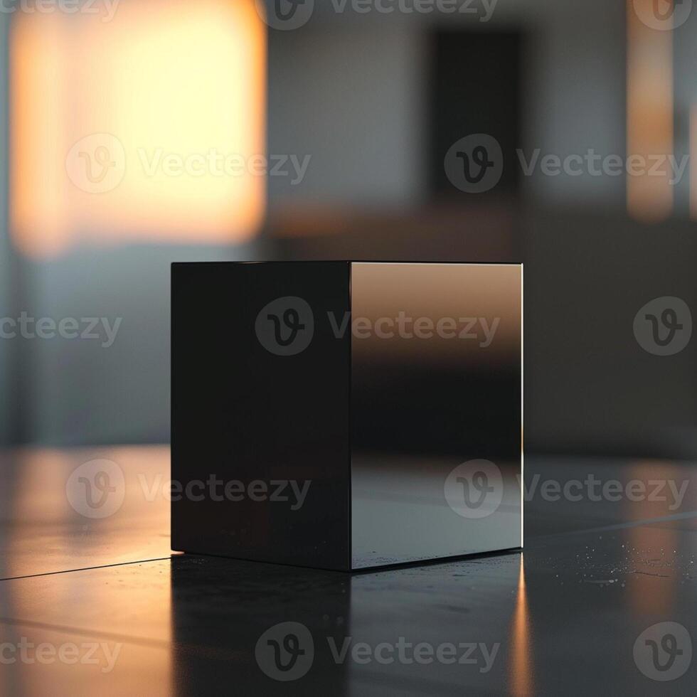 A black cube sitting on a table in front of a window photo