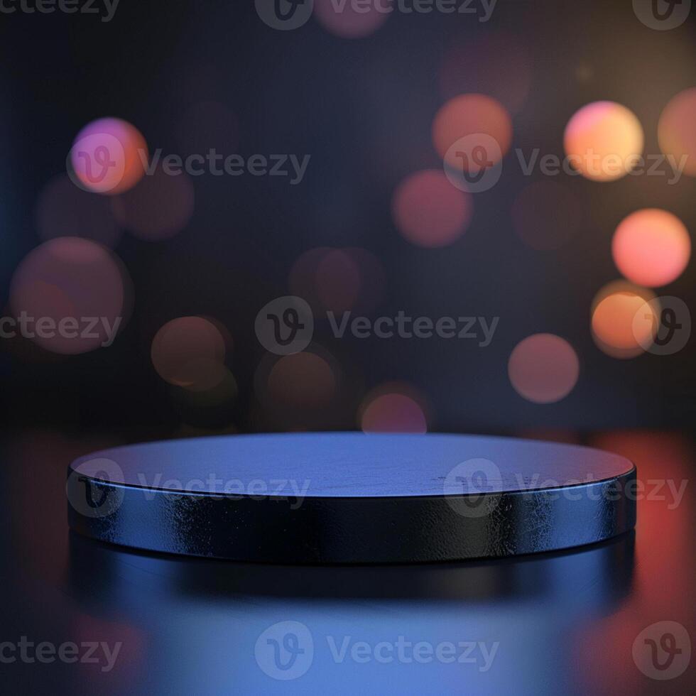 Black round table with bokeh lights on the background photo