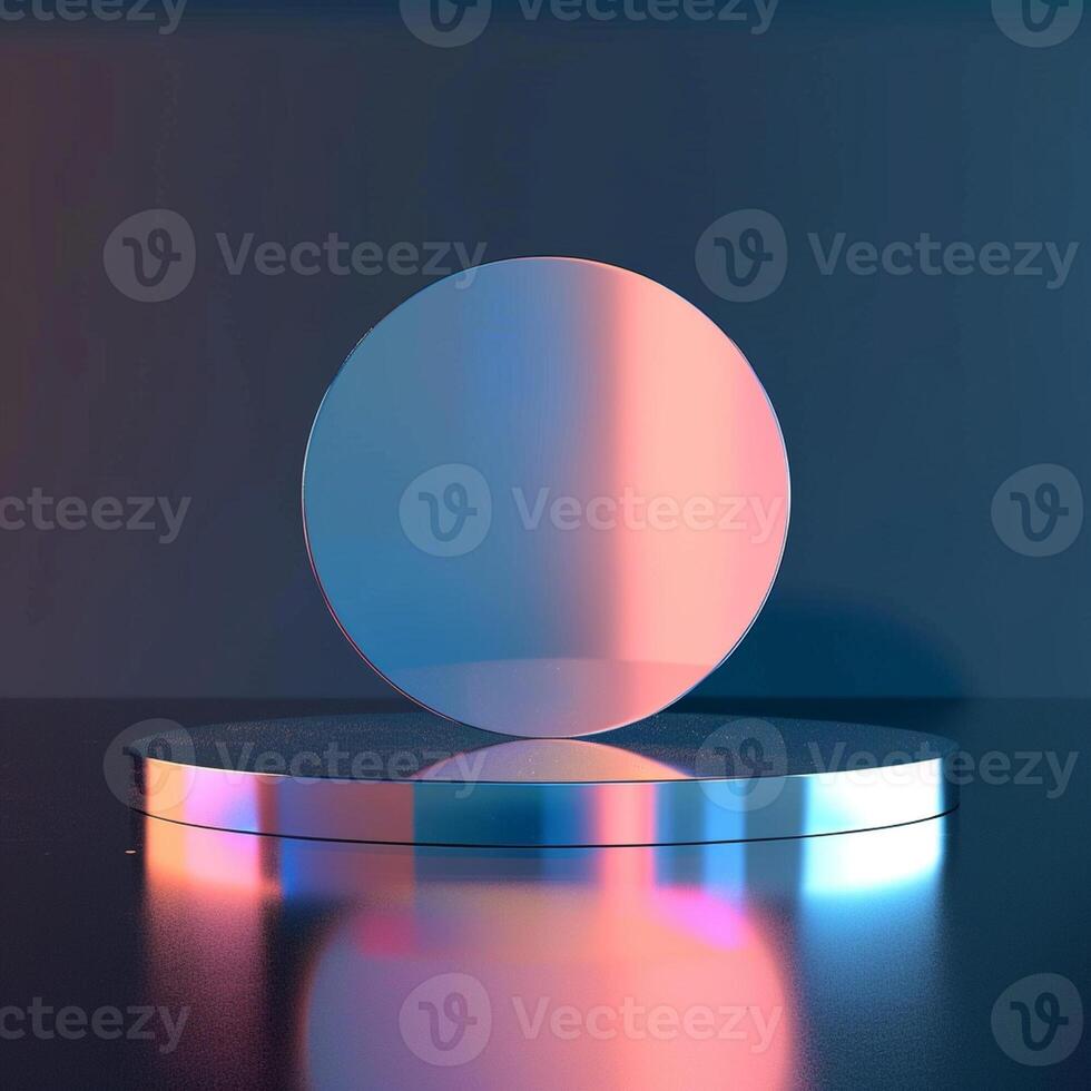 A shiny object on a table with a blue and pink light photo