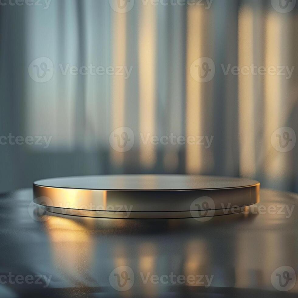 A round metal plate on a table in front of a window photo