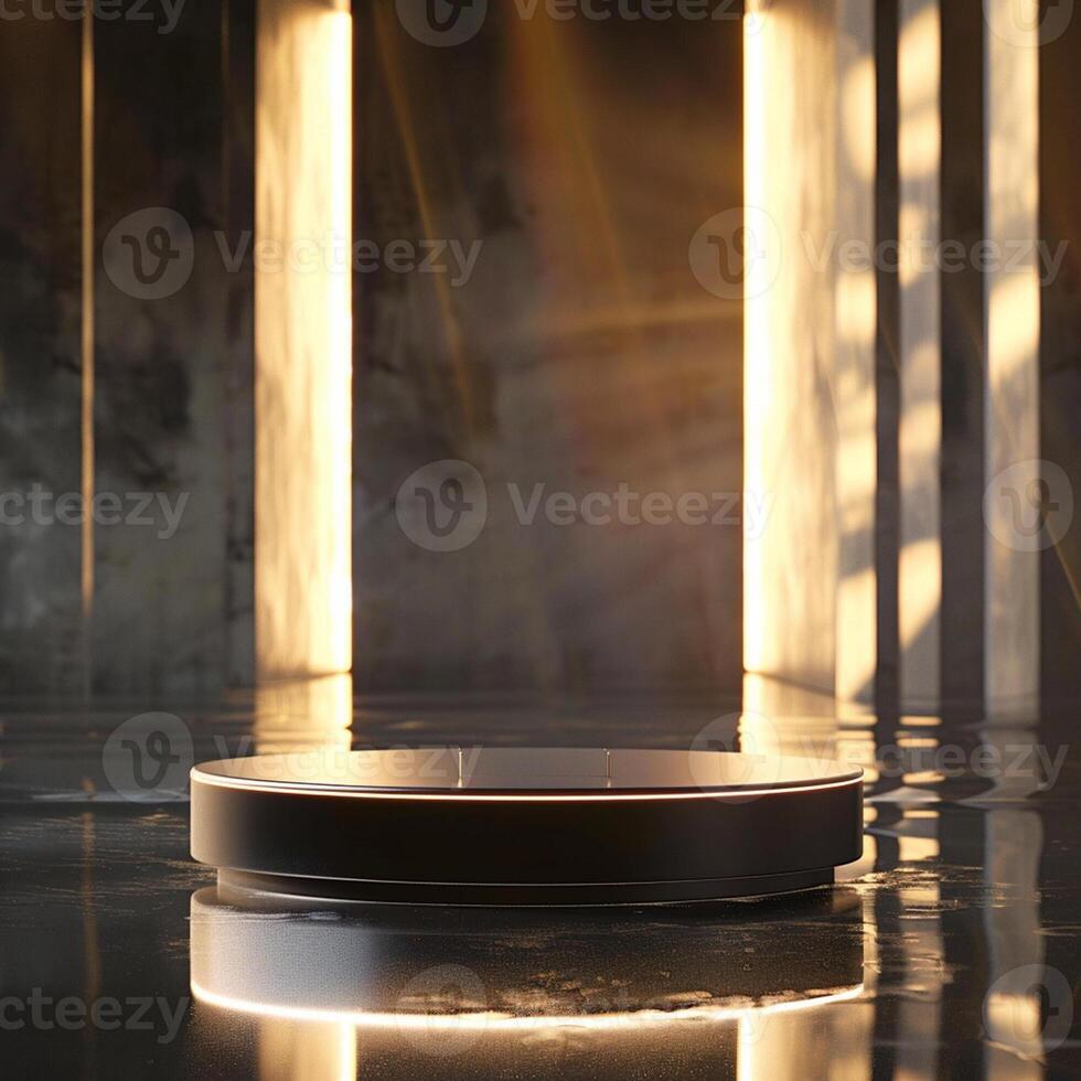 A black circular object sitting on a table in a room photo
