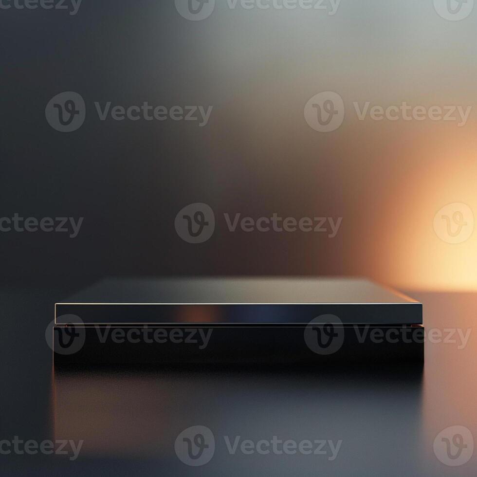 A black box sitting on a table with a blurred background photo