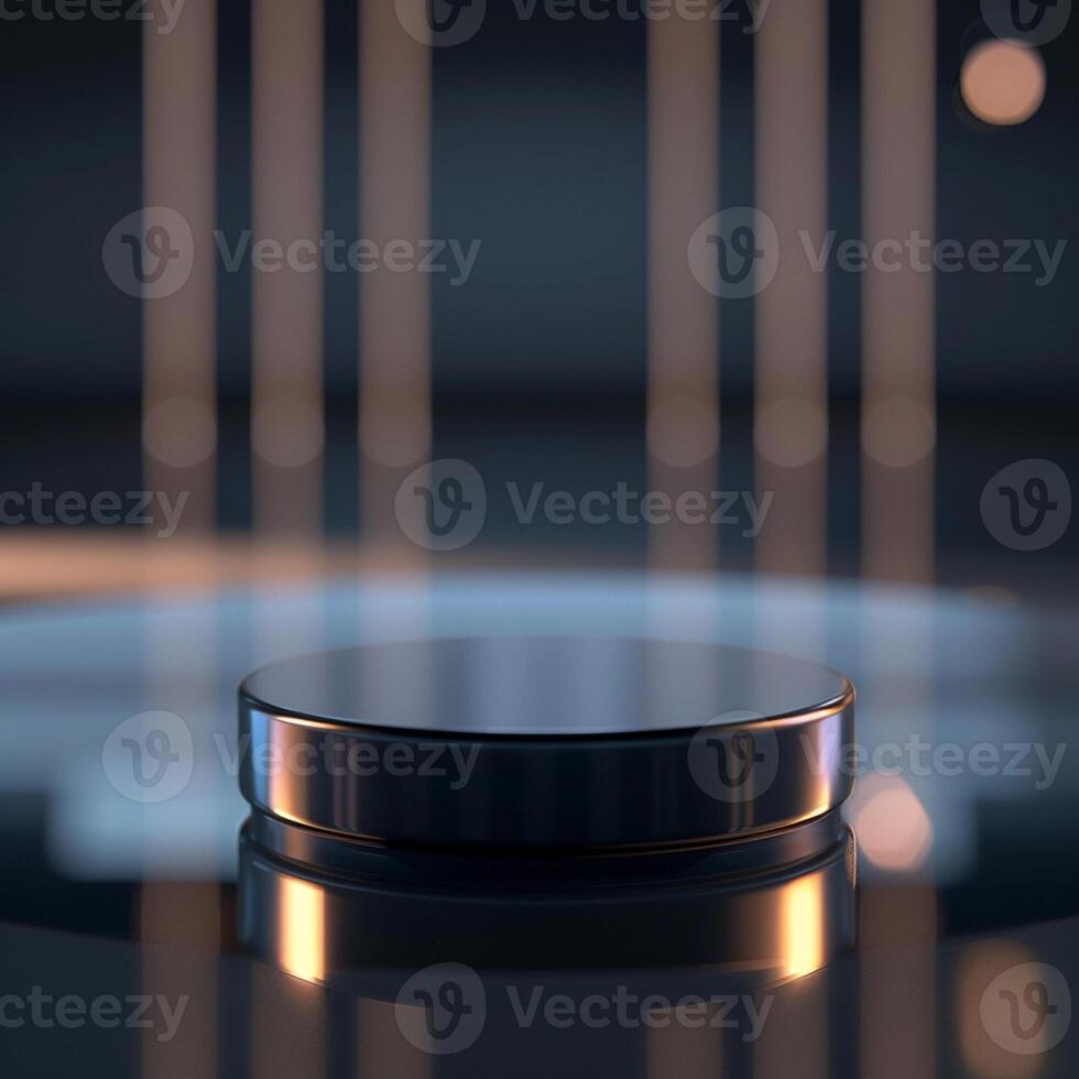 An empty metal object on a table in front of a light photo